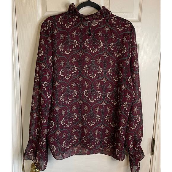 Lane Bryant Sheer Blouse Ruffle Neck Smocked Bodice Floral Burgundy Sz 20 - Picture 4 of 11